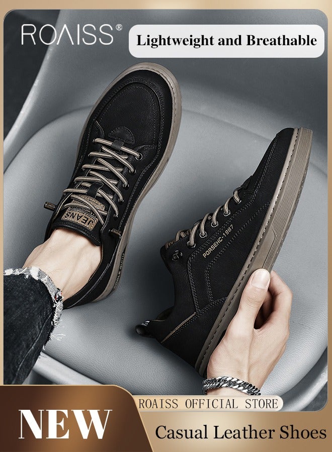 roaiss Casual Cortical Loafers Shoes for Men Versatile Slip On Solid Leather Sneakers Breathable and Soft Flat Sports Shoe  - Image 1
