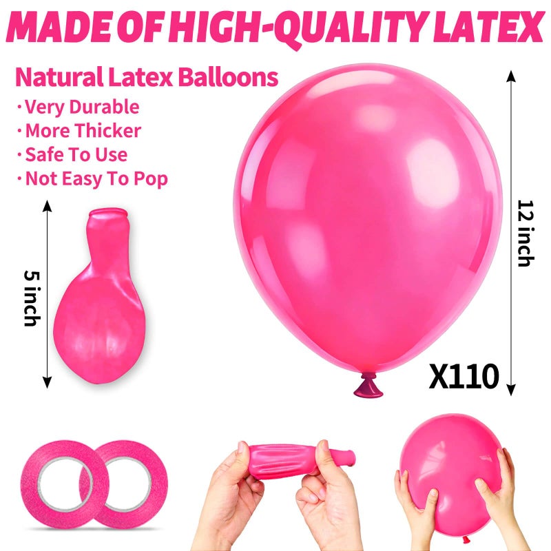 KUULBELA 110pcs Hot Pink Balloon 12 inch, Hot Pink Latex Balloons for Birthday Party Baby Shower Wedding(with 2 Ribbons). - Image 3