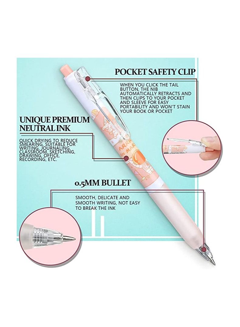 SYOSI Kawaii Gel Ink Pen, 6 Pcs Retractable Gel Pen, Black Ink, 0.5mm Cute Pens Fun Space Aesthetic Pens for Office School Kids Writing Journaling Supplies, Cute Pressing Gel Pen (Spaceman) - Image 4