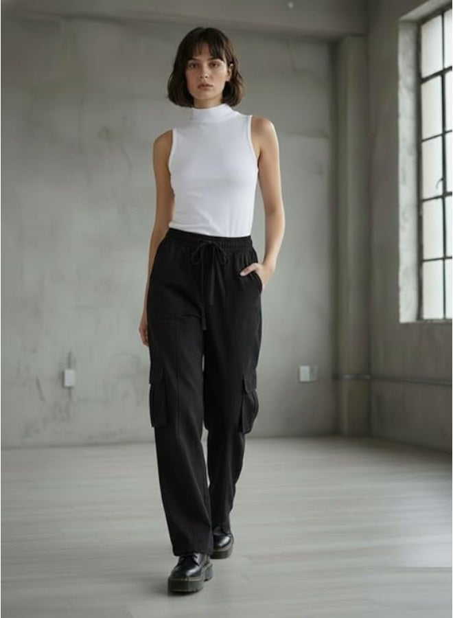 SMOWKLY Store  Women’s High Waist Cargo Pant| Stretchable Cotton Blend Utility Pants for Women | Baggy Fit Multi Pocket Casual Streetwear Pants - Image 3