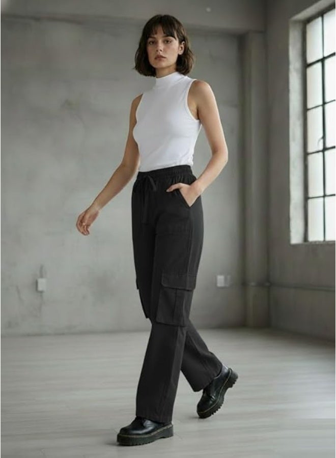 SMOWKLY Store  Women’s High Waist Cargo Pant| Stretchable Cotton Blend Utility Pants for Women | Baggy Fit Multi Pocket Casual Streetwear Pants - Image 4
