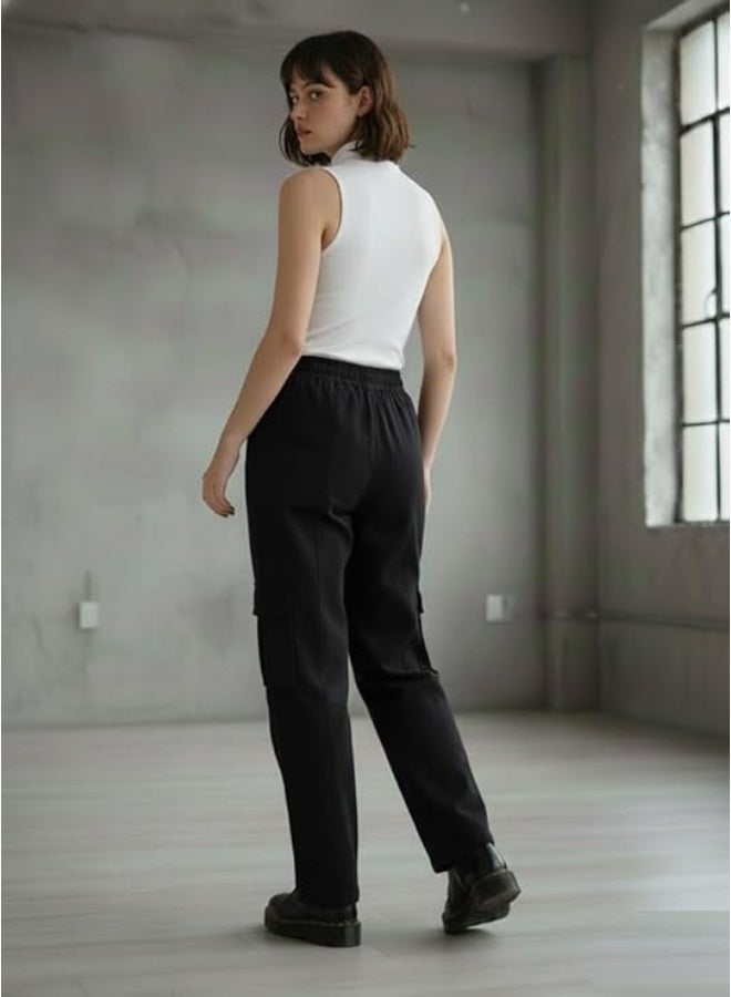 SMOWKLY Store  Women’s High Waist Cargo Pant| Stretchable Cotton Blend Utility Pants for Women | Baggy Fit Multi Pocket Casual Streetwear Pants - Image 2