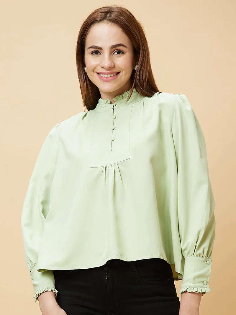 globus Women Mandarin Collar Cuffed Sleeves Shirt Style Top