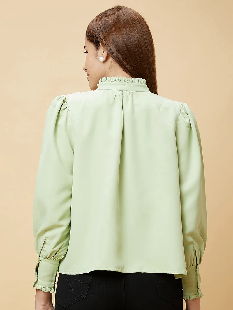 globus Women Mandarin Collar Cuffed Sleeves Shirt Style Top