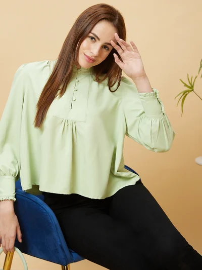 globus Women Mandarin Collar Cuffed Sleeves Shirt Style Top