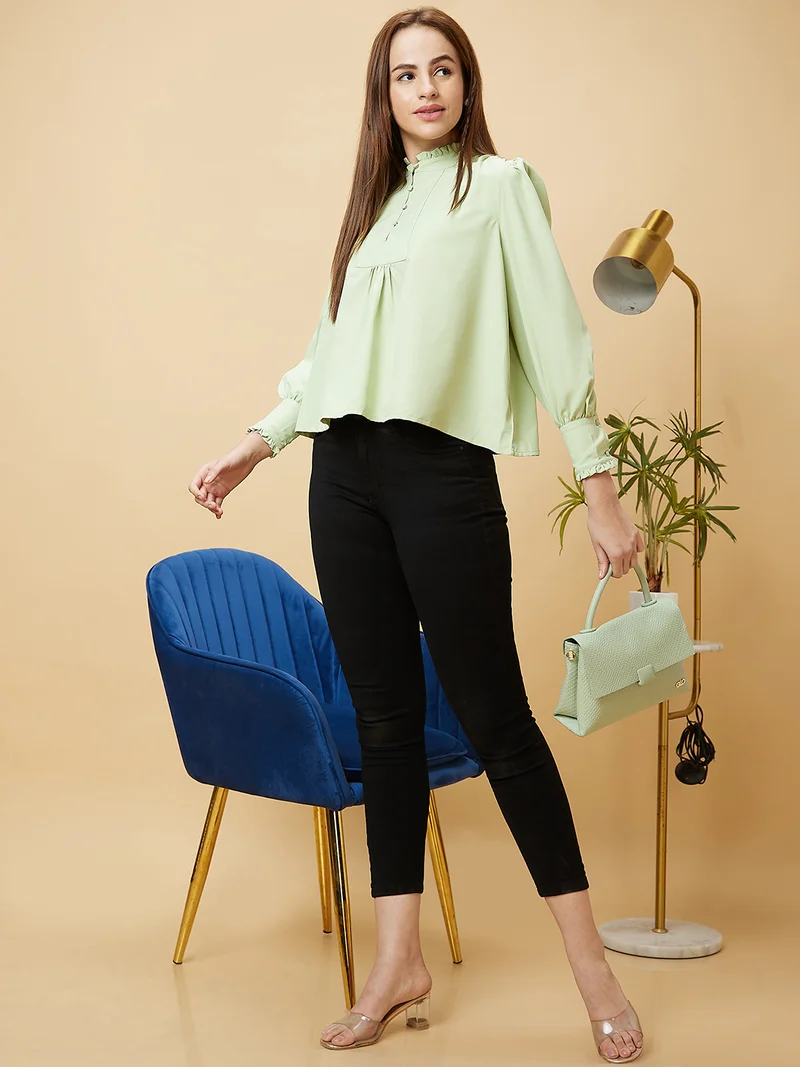 globus Women Mandarin Collar Cuffed Sleeves Shirt Style Top