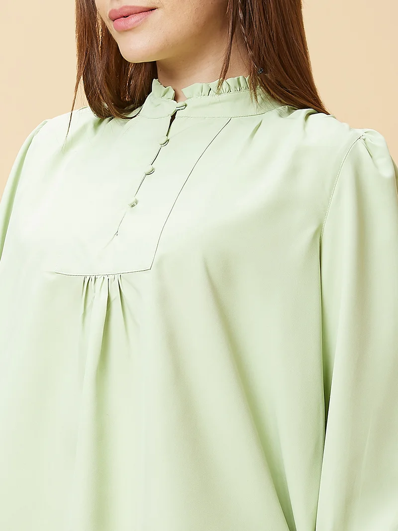 globus Women Mandarin Collar Cuffed Sleeves Shirt Style Top