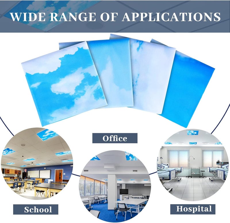 Hortsun 4 Pcs 4 x 2 Feet Fluorescent Light Covers for Ceiling Lights Classroom Office Magnetic Light Filters Light Diffusers for Reducing Harsh Glare Flicker Home Decorations Blue Sky Cloud - Image 5