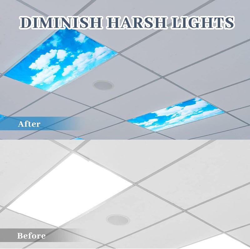 Hortsun 4 Pcs 4 x 2 Feet Fluorescent Light Covers for Ceiling Lights Classroom Office Magnetic Light Filters Light Diffusers for Reducing Harsh Glare Flicker Home Decorations Blue Sky Cloud - Image 3