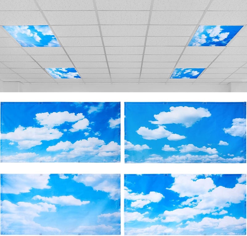 Hortsun 4 Pcs 4 x 2 Feet Fluorescent Light Covers for Ceiling Lights Classroom Office Magnetic Light Filters Light Diffusers for Reducing Harsh Glare Flicker Home Decorations Blue Sky Cloud - Image 1