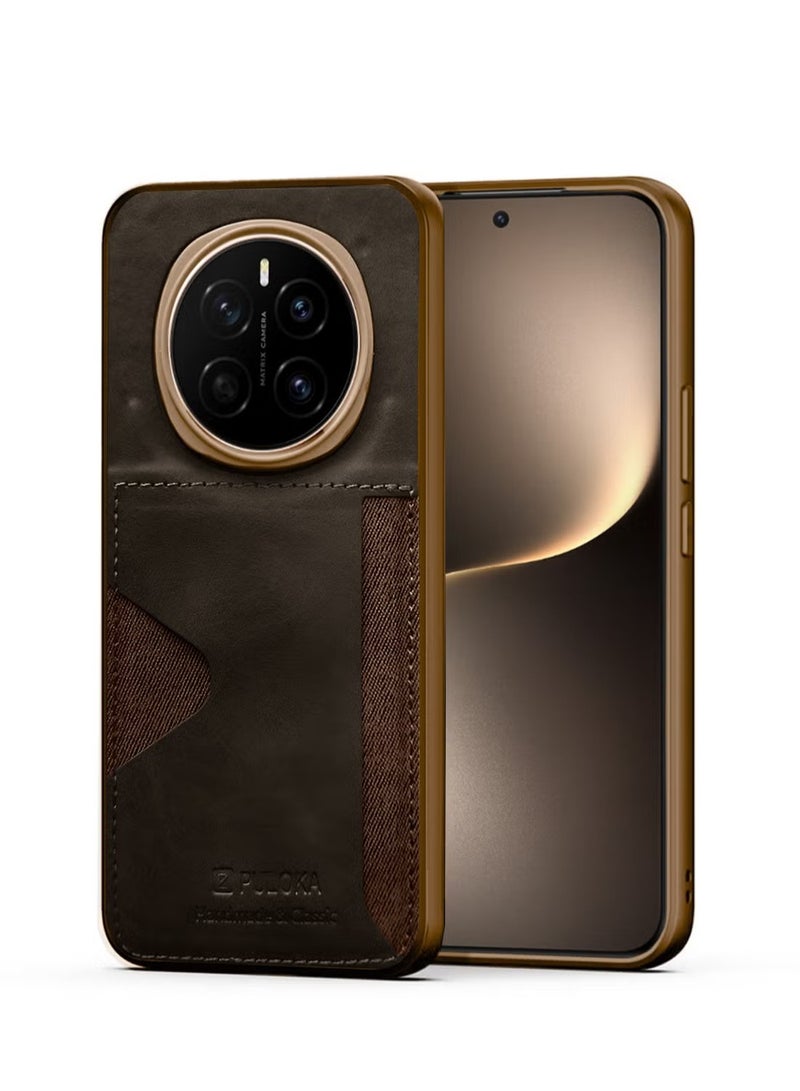 PULOKA Honor Magic7 5G 2024 Card Holder Skin-feel Leather Back Silicone Sides Case Cover - Brown - Image 1