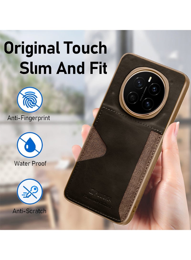 PULOKA Honor Magic7 5G 2024 Card Holder Skin-feel Leather Back Silicone Sides Case Cover - Brown - Image 2