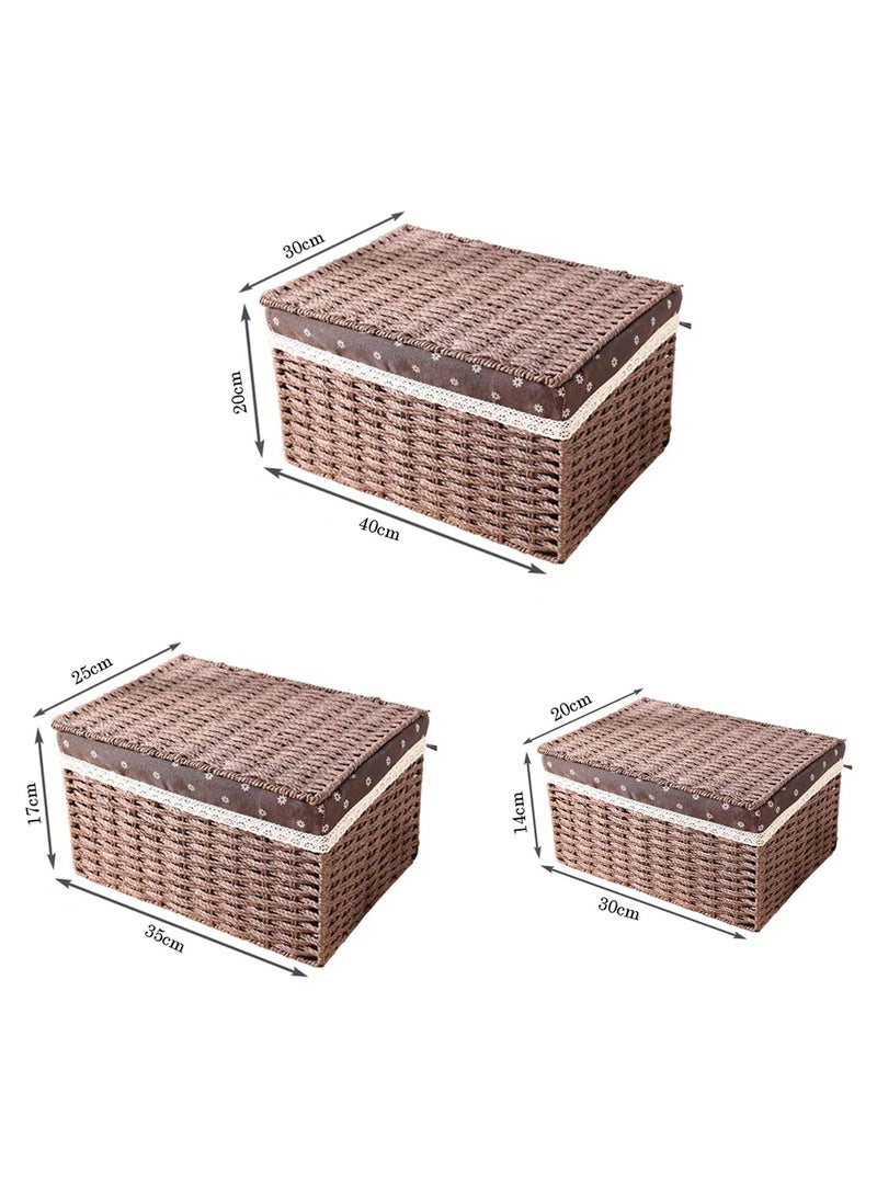 LINGWEI Woven Storage Basket Set of 3 with Removable Fabric Liner Stackable, Lid & Open Basket - Image 3