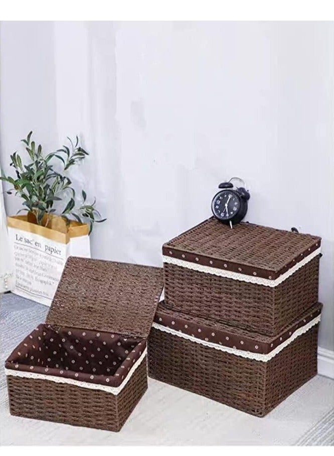 LINGWEI Woven Storage Basket Set of 3 with Removable Fabric Liner Stackable, Lid & Open Basket - Image 4