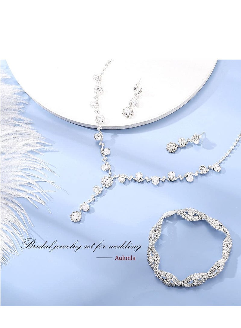 SYOSI Bride Wedding Jewelry Sets Crystal Bridal Necklace Bracelet Earrings Set Silver Prom Costume Jewelry Set Rhinestone Choker Necklace for Women and Girls - Image 4