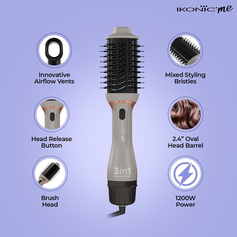 Ikonic 3 in 1 Express Styler Grey Professional Volumizer Blow Dryer 1200W Hot Air Brush for Women Innovative Air Flow Vents Mixed Styling Bristles Ceramic Titanium TourmalineCoated Brush Head - Image 5