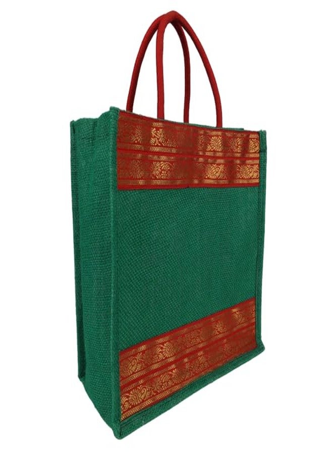 INDHA Jute Handbag Green with Red Lace Border | Jute Gift Bags | Jute Lunch Bag | Jute Tiffin Bag - Image 3