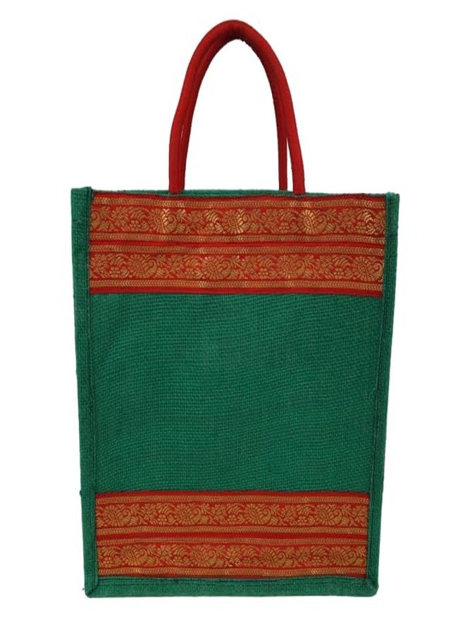 INDHA Jute Handbag Green with Red Lace Border | Jute Gift Bags | Jute Lunch Bag | Jute Tiffin Bag - Image 2
