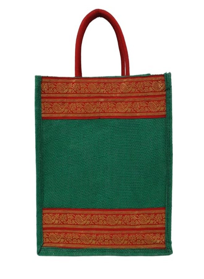 INDHA Jute Handbag Green with Red Lace Border | Jute Gift Bags | Jute Lunch Bag | Jute Tiffin Bag - Image 1