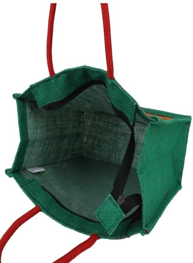 INDHA Jute Handbag Green with Red Lace Border | Jute Gift Bags | Jute Lunch Bag | Jute Tiffin Bag - Image 5