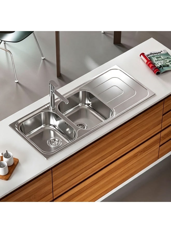 CM PIZZICA 011347 Stainless Steel Double Bowl Kitchen Sink – Reversible Sink with Drainboard & Rust-Resistant Design - Image 2