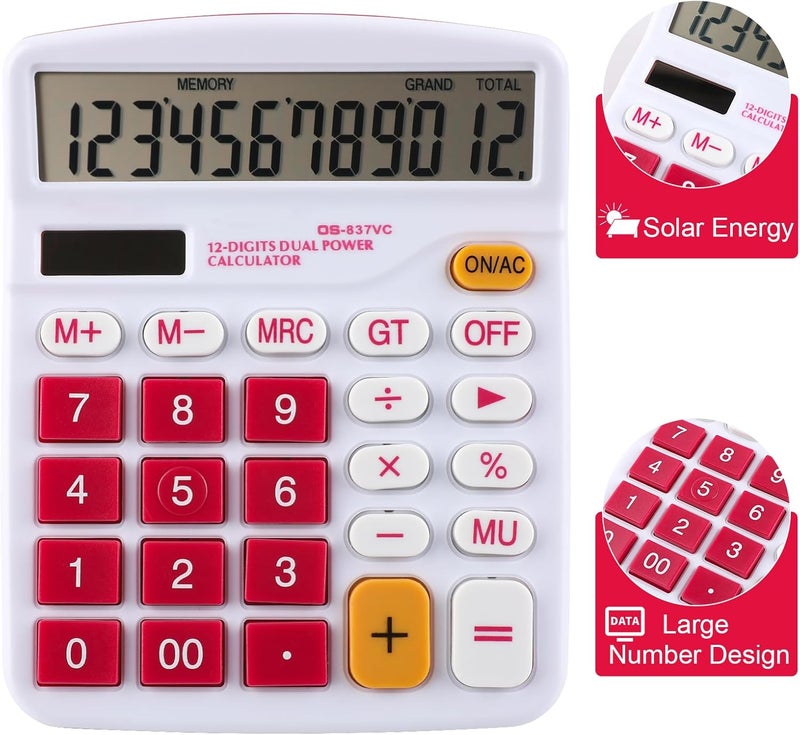 Meichoon Desktop Calculator Solar Battery Dual Power 12 Digit Large LCD Display Financial Dedicated Large Standard Function Desktop Business Calculator for Office/Home/School KA08 Red - Image 4