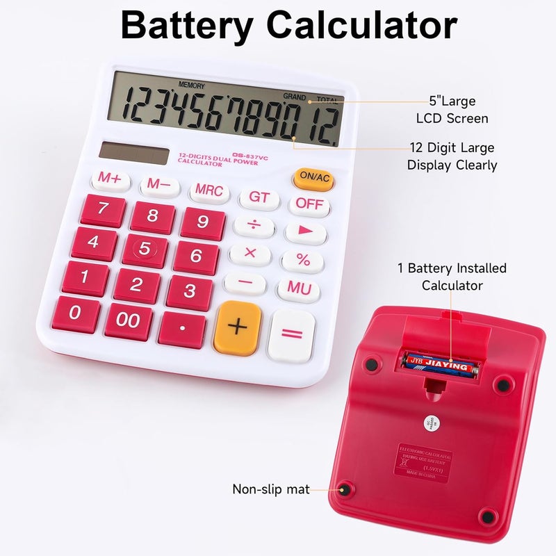 Meichoon Desktop Calculator Solar Battery Dual Power 12 Digit Large LCD Display Financial Dedicated Large Standard Function Desktop Business Calculator for Office/Home/School KA08 Red - Image 5