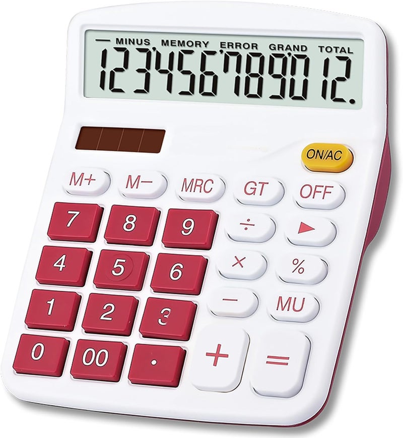 Meichoon Desktop Calculator Solar Battery Dual Power 12 Digit Large LCD Display Financial Dedicated Large Standard Function Desktop Business Calculator for Office/Home/School KA08 Red - Image 1