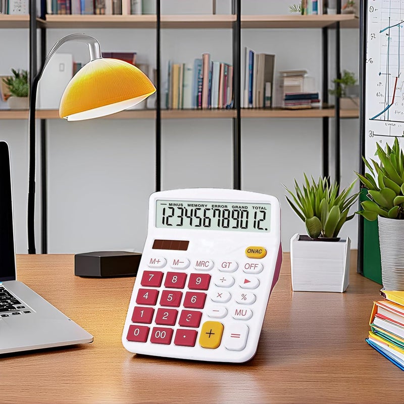 Meichoon Desktop Calculator Solar Battery Dual Power 12 Digit Large LCD Display Financial Dedicated Large Standard Function Desktop Business Calculator for Office/Home/School KA08 Red - Image 2