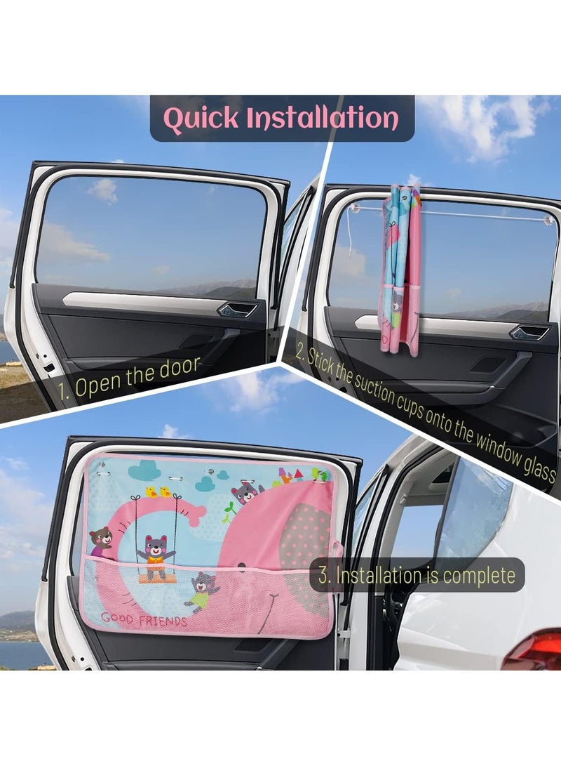general Pram Sun Shade, 2 Pack Full Blackout Window Visor with Storage Mesh Pocket Car Window Curtain 7 Suction Cups Cute Elephant Sun/Heat/UV Protection for Children - Image 4