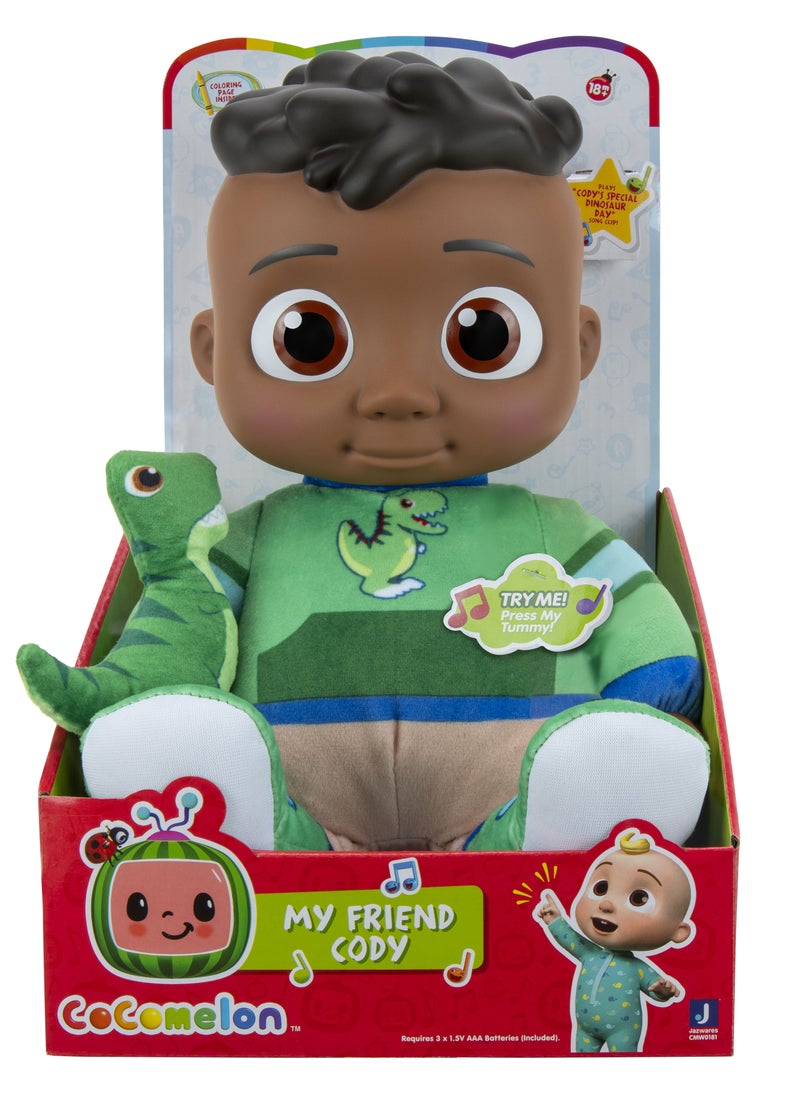 Jazwares - Cocomelon Plush Doll Roto My Friend Cody with Dinosaur 11-Inches | Press the Tummy to Activate Musical Sounds & Phrases! | Soft Toy | Interactive Plush Toy for Baby and Toddler | Educational Toy | Early Learning Toy | Helps with Motor Skill Development | Perfect Gift for Baby and Toddler - Image 1