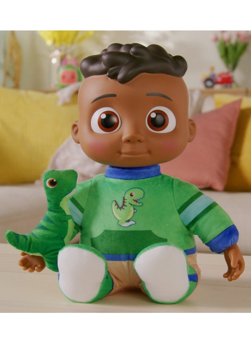 Jazwares - Cocomelon Plush Doll Roto My Friend Cody with Dinosaur 11-Inches | Press the Tummy to Activate Musical Sounds & Phrases! | Soft Toy | Interactive Plush Toy for Baby and Toddler | Educational Toy | Early Learning Toy | Helps with Motor Skill Development | Perfect Gift for Baby and Toddler - Image 1