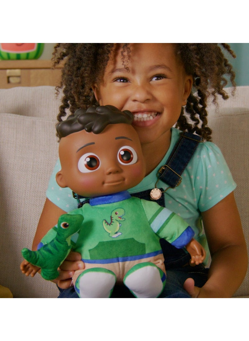 Jazwares - Cocomelon Plush Doll Roto My Friend Cody with Dinosaur 11-Inches | Press the Tummy to Activate Musical Sounds & Phrases! | Soft Toy | Interactive Plush Toy for Baby and Toddler | Educational Toy | Early Learning Toy | Helps with Motor Skill Development | Perfect Gift for Baby and Toddler - Image 1
