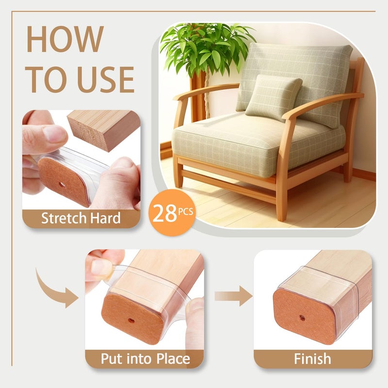 TOMHUA 28Pcs Chair Leg Floor Protectors Rectangle for Hardwood Floors Silicone Caps Covers Felt Furniture Pads Clear Chair Sliders, Protect The Floor from Scratches(Fit:L 1.12"-1.5",W 0.75"-1") - Image 5
