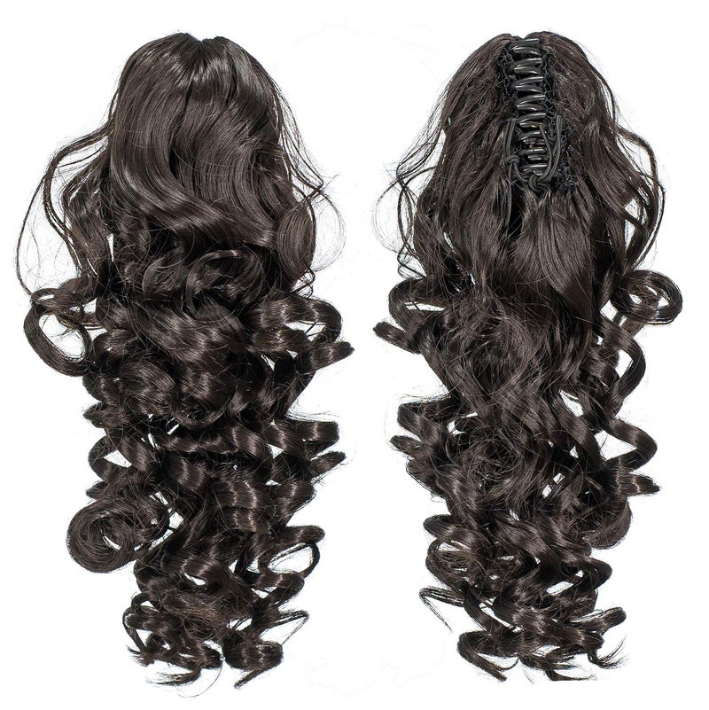 SWACC 12Inch Short Screw Curls Claw Clip Ponytail Extensions Synthetic Clip in Drawstring Curly Ponytail Hairpiece Jaw Clip Hair Extension Natural Color Close to Black2