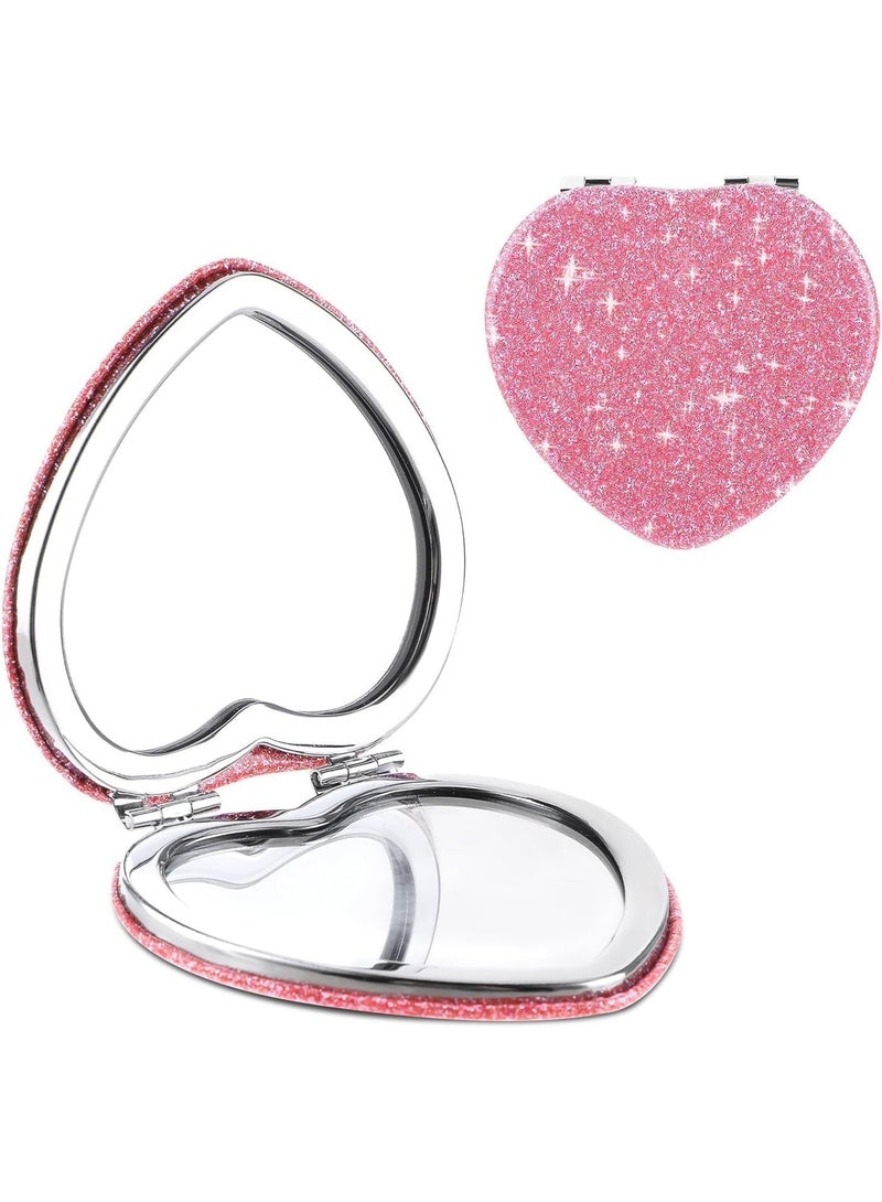 Compact Folding Mirror, Heart Shaped Mini Vanity Mirror, Portable Travel Makeup Mirror for Purse, Double-Sided Cute Glitter Cosmetic Mirror, for Women, Home, Office, Valentine's Day - Image 1