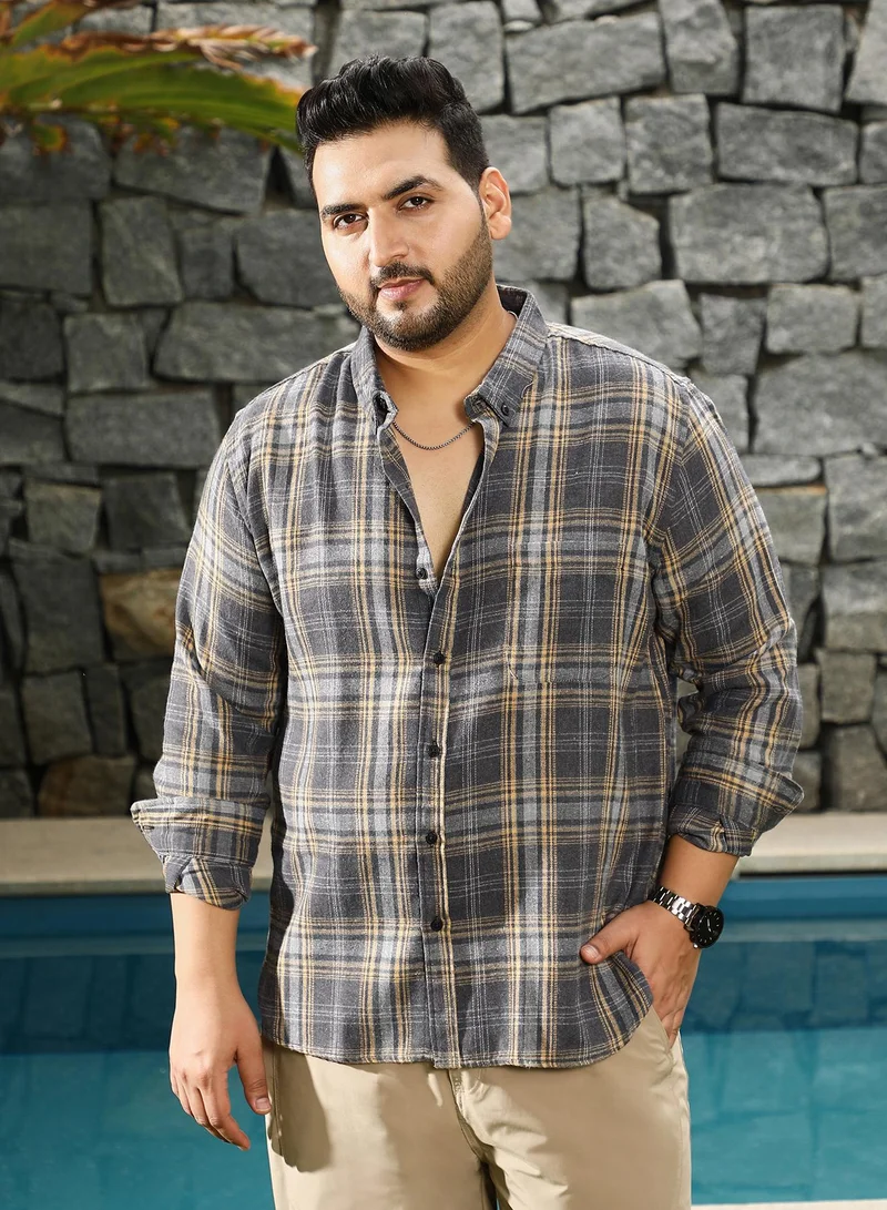 Instafab Plus Instafab Plus Men's Coin Grey Tartan-Woven Regular Shirt | Button-Down Collar , Long Cuffed Sleeves , Button Closure , Curved Hemline | Plaid Plain Cotton-Blend Material For Street & Casual Wear