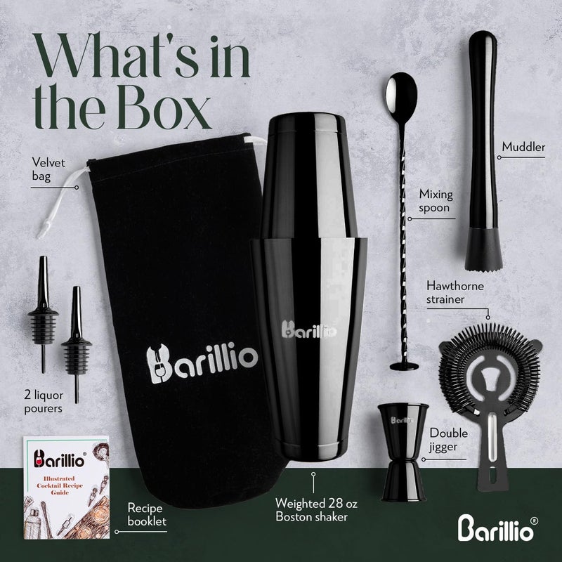 barillio طقم شاكر بوسطن الأسود - مصنوع من الفولاذ المقاوم للصدأ، طقم شاكر كوكتيل مارتيني بوزن مع مصفاة وخلاط - مجموعة خلط البار - طقم بار منزلي - 9 قطع - أدوات بار - Image 2