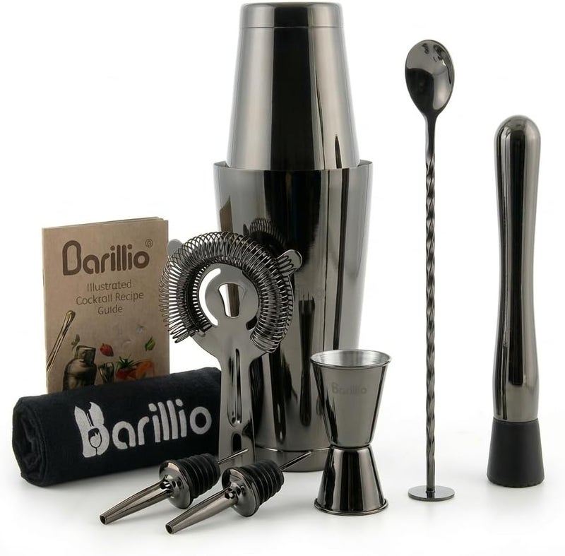 barillio طقم شاكر بوسطن الأسود - مصنوع من الفولاذ المقاوم للصدأ، طقم شاكر كوكتيل مارتيني بوزن مع مصفاة وخلاط - مجموعة خلط البار - طقم بار منزلي - 9 قطع - أدوات بار - Image 1