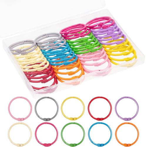 AKONEGE 1 1/5 Inch (50 Pack) Metallic Binder Rings Colorful Metal Steel Loose Leaf Rings Binding Rings for Index Cards, Keychain Key Rings Book Rings for Paper Notebook Office School Home, 10 Colors - Image 1