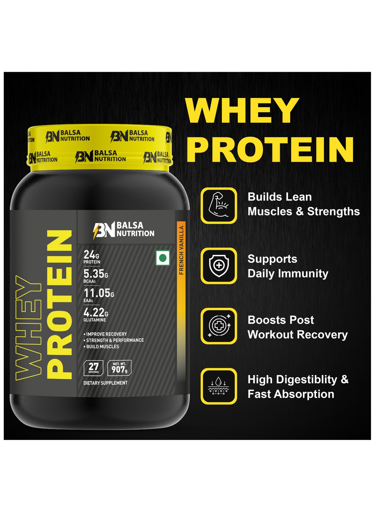 Whey Protein Powder- 907G, 33G Per Serving (French Vanilla Flavor)