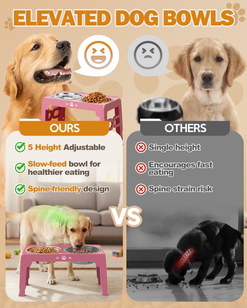 Jovrun Elevated Dog Bowls for Medium Large Size Dogs, Non-Slip Dog Feeder with 1*Stainless Steel Dishes & 1*Slow Feeder Bowl, 5 Heights Adjustable Raised Bowls to 3.15â€³-8.66â€³-9.84â€³-11.02â€³-12.2â€³ - Image 3