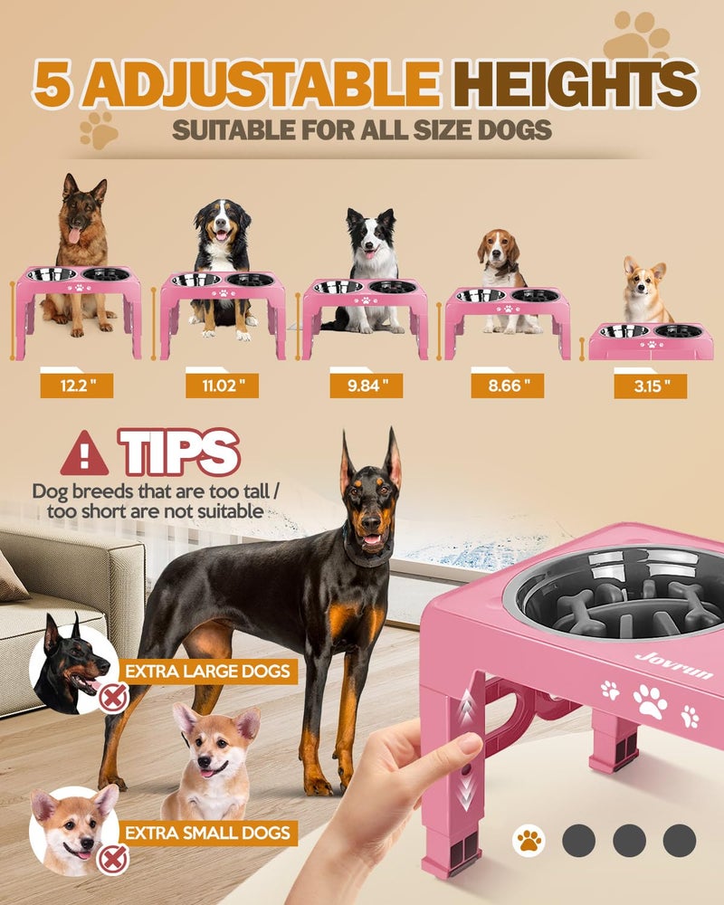 Jovrun Elevated Dog Bowls for Medium Large Size Dogs, Non-Slip Dog Feeder with 1*Stainless Steel Dishes & 1*Slow Feeder Bowl, 5 Heights Adjustable Raised Bowls to 3.15â€³-8.66â€³-9.84â€³-11.02â€³-12.2â€³ - Image 2