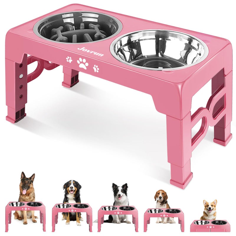 Jovrun Elevated Dog Bowls for Medium Large Size Dogs, Non-Slip Dog Feeder with 1*Stainless Steel Dishes & 1*Slow Feeder Bowl, 5 Heights Adjustable Raised Bowls to 3.15â€³-8.66â€³-9.84â€³-11.02â€³-12.2â€³ - Image 1
