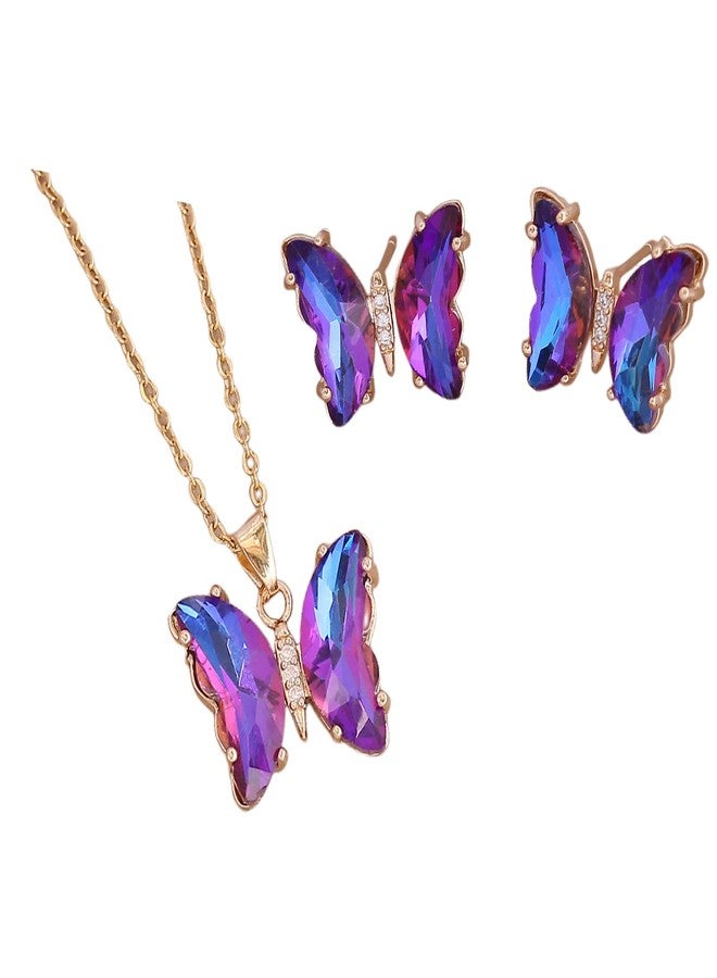 قلادة وأقراط فراشة بينغيونغ تشانغ للنساء، تصميم بسيط مرصع بأحجار الزركون المكعبة، قلادة وأقراط فراشة ذهبية، طقم مجوهرات فراشة كريستالية لطيفة للنساء، هدية مجوهرات - بنفسجي داكن - Image 1