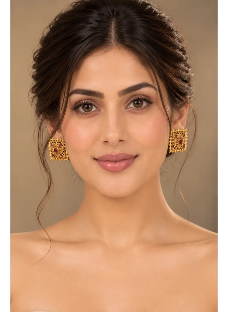 Lehar Ruby Red Color Square Temple Studs - Gold Tone Indian Traditional Jewelry