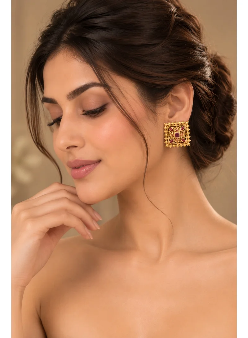 Lehar Ruby Red Color Square Temple Studs - Gold Tone Indian Traditional Jewelry