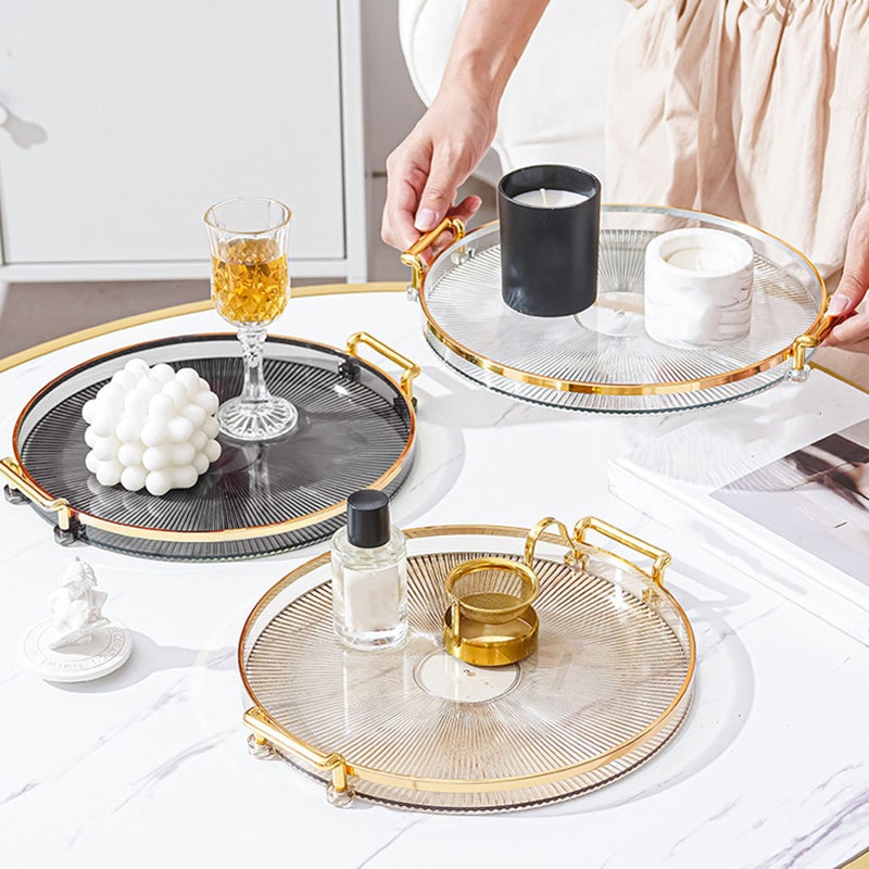 Round Tray with Gold Handle Elegant Multi Functional Golden Rim Serving Tray for Fruit Desserts Smoke Gray - Image 4
