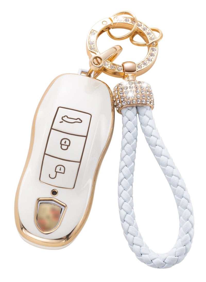 Excefore For Porsche Key Fob Cover With Keychain Lanyard, Key Fob Protector Shell Compatible With Porsche Boxster Cayenne Panamera Cayman Macan Carrera 911 991 Keyless Entry Smart Key Case - Image 1