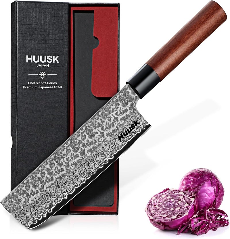 Huusk Japanese Nakiri Knife 7-Inch - Hand Forged Meat Cleaver Vegetable Chopping Knife, VG10 Damascus Chef Knives with Rosewood Handle, Japanese Kitchen Knives for Cooking, Gifts for Men - Image 1